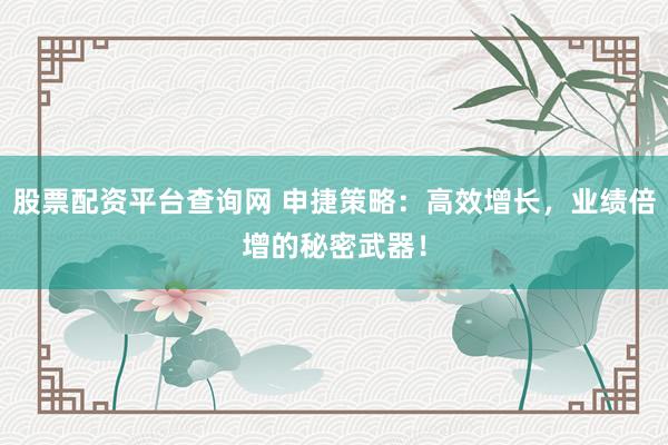 股票配资平台查询网 申捷策略：高效增长，业绩倍增的秘密武器！
